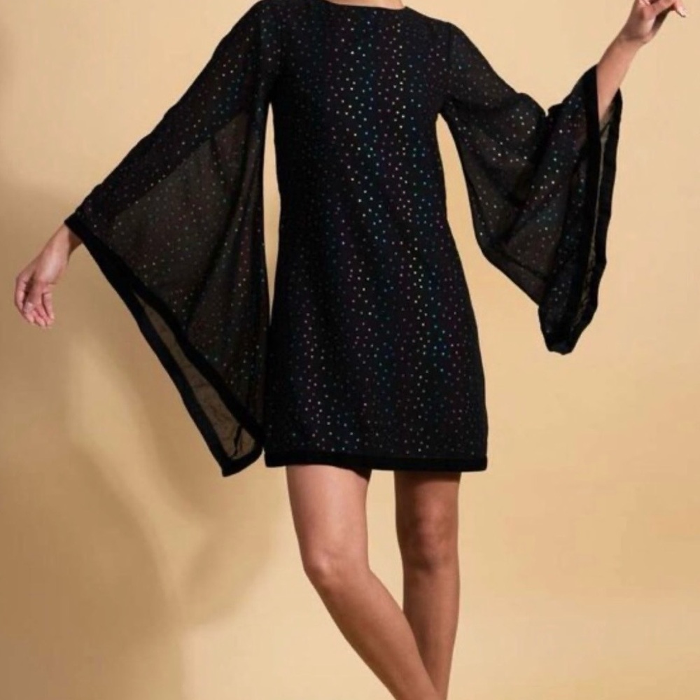 BATSHEVA Emily Black Sparkle Chiffon Elegant Black Bell Sleeve Dress